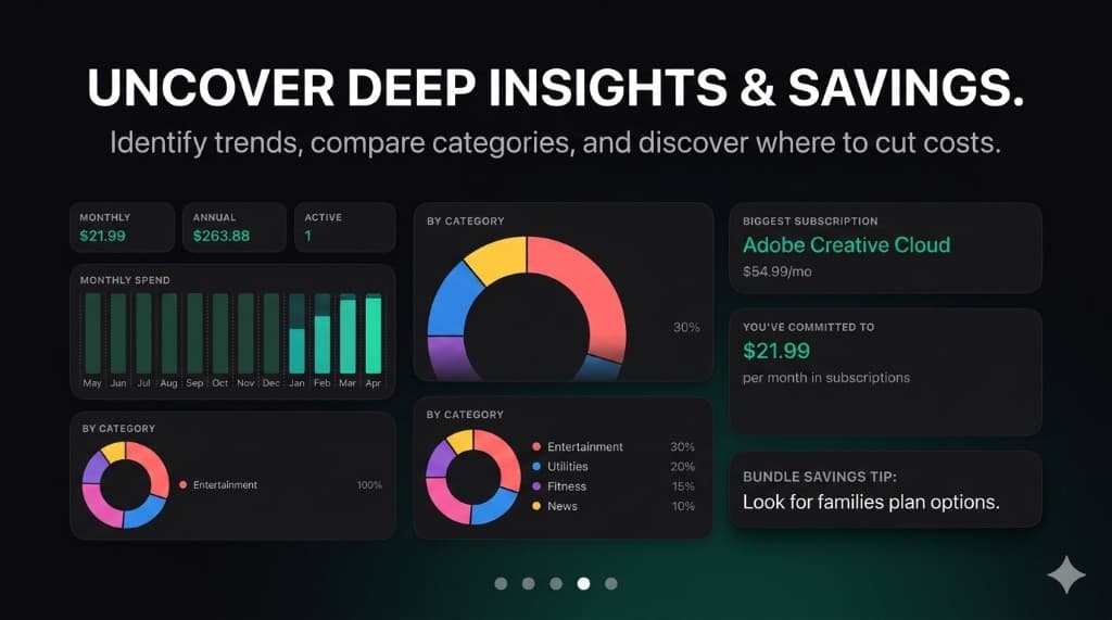 Bundlely analytics screen with category charts and savings insights.